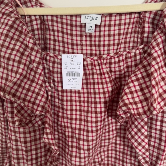 J. Crew Flannel Square Neck Ruffle Top NWT Size M Long Sleeve Plaid Brick Red - Picture 2 of 5